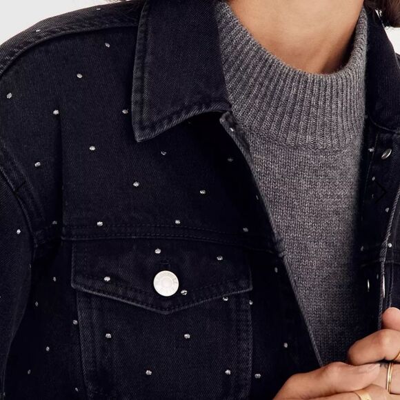 Madewell The Boxy Crop Black Denim Jean Jacket Metallic Dot Edition Women's XS - Picture 4 of 13